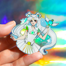 Sailor moon blue iridescent holographic stickers of anime character in white dress hodling an orb want