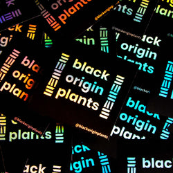 Cutstom square holographic business lgoo sticker reads. Black Origin Plants @blackoriginplants irisdescent rainbow holographic stickers in black various colors