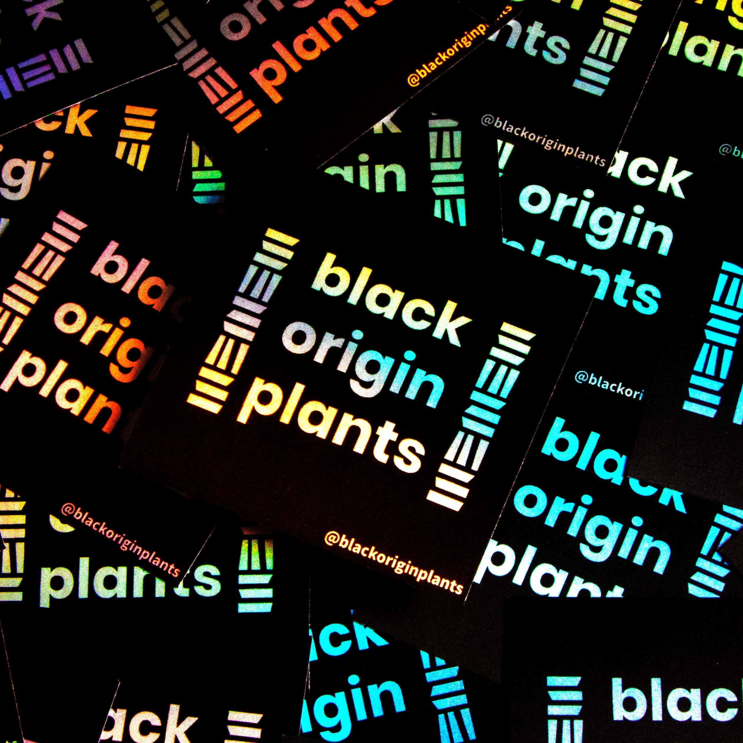 Cutstom square holographic business lgoo sticker reads. Black Origin Plants @blackoriginplants irisdescent rainbow holographic stickers in black various colors