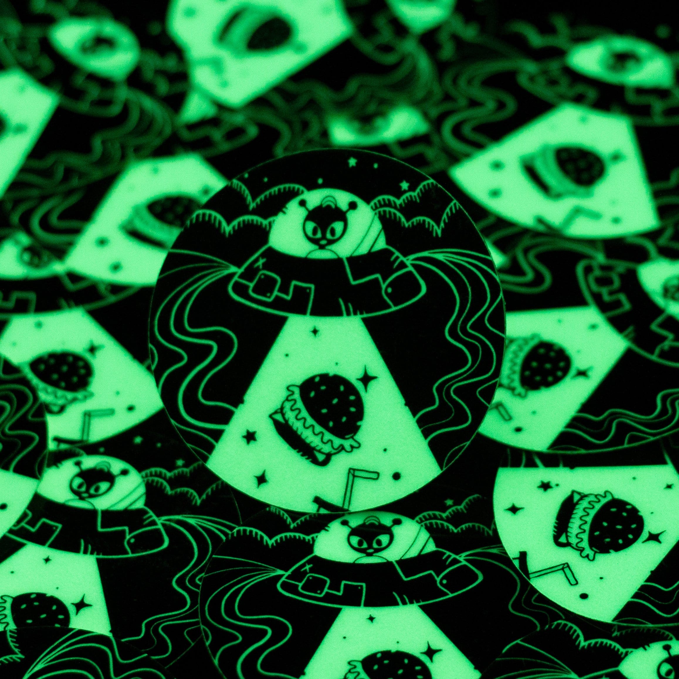 Glow in the dark alien burger stickers