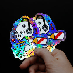 Illustration multi color print holographic sticker hand style art Skull with headphones bottle mushrooms flowers