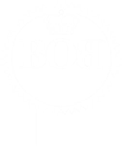 Vermont Biz best of business awards 2023 logo. Graphic of prize ribbon with BOB logo with crown. Grey award logo