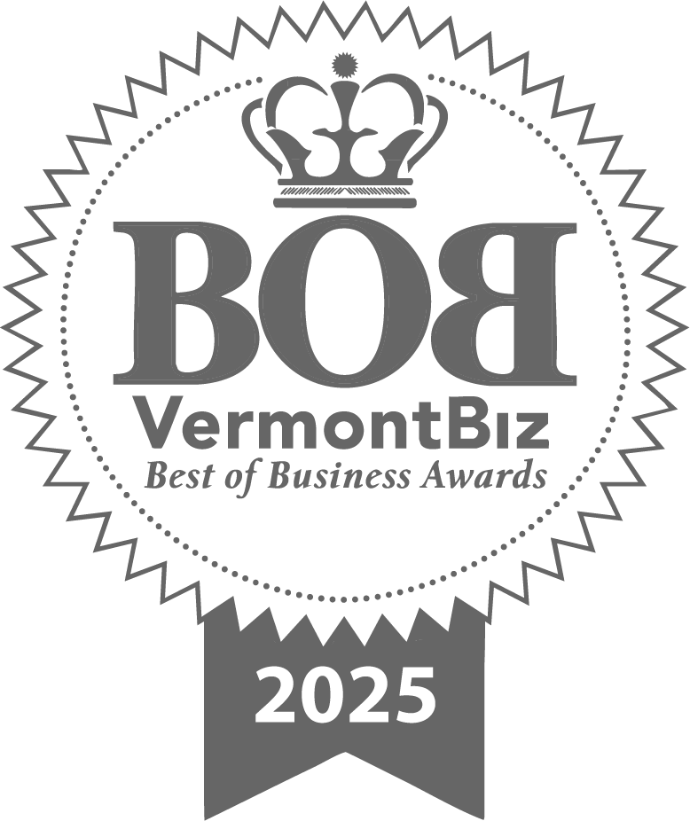 Vermont Biz best of business awards 2025 logo. Graphic of prize ribbon with BOB logo with crown. Grey award logo