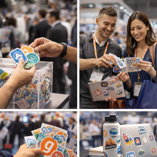 Trade show attendees selecting colorful custom vinyl stickers from a clear bin and applying them to a laptop and water bottle at an expo booth, with badges, tote bags, and a busy exhibit hall in the background
