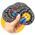 hand with fan of stickers with graphic of sun shooting red blue and purple rays out of its mouth with text. Imposter syndrome club. Projecting out of yellow circle background
