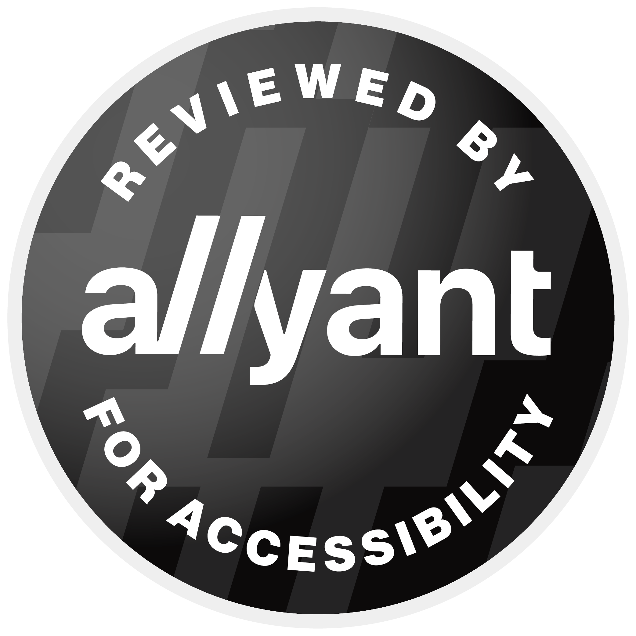 Allyant Circle Logo Black and Grey. Text reads. Reviewed By Allyant For Accessibility